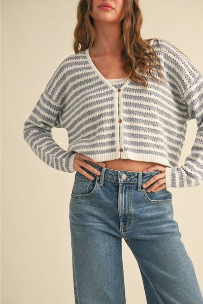 Ivory & Blue Stripe Crochet Knitted Cardigan