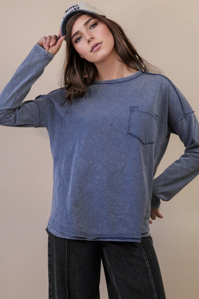 Denim Blue Mineral Wash Long Sleeve Top