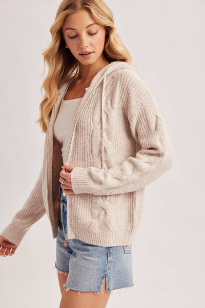 Oatmeal Zip-Up Cable Knit Sweater Cardigan With Hood