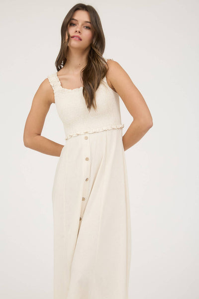 Natural Smocked Button Down Midi Dress