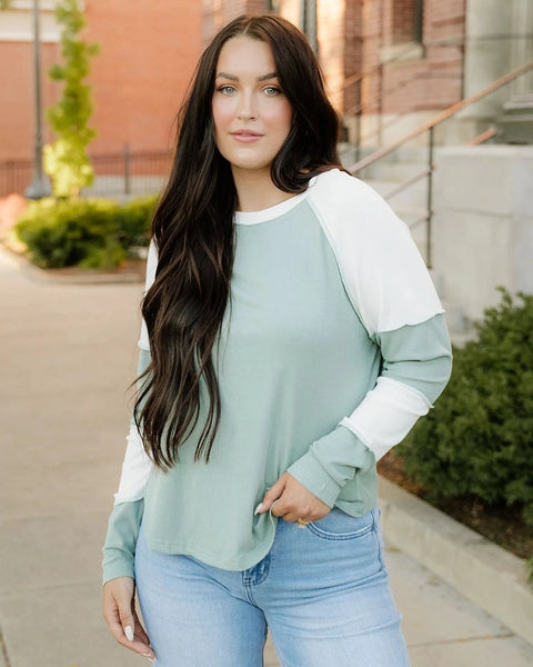 Sage Ribbed Color-Block Patchwork Raglan