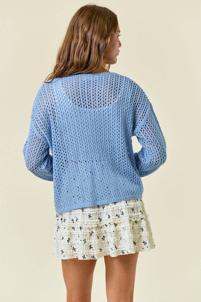 Powder Blue V-Neck Open Knit Top