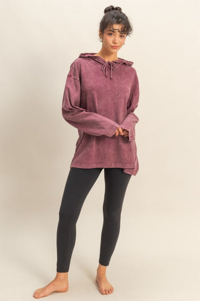 Dark Cherry Oversized Hooded Long Sleeve Top