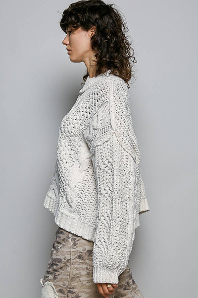 Cream Mock Neck Balloon Sleeve Cable Knit Sweater