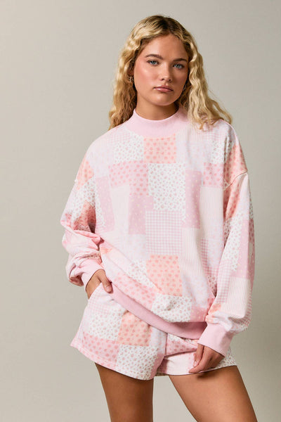 Pink Patch Work Mockneck Sweatshirt
