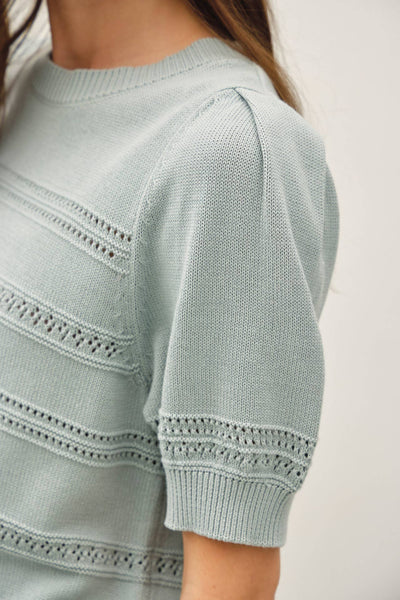 Dusty Blue Crochet Stripe Puff Sleeve Short Sleeve Sweater