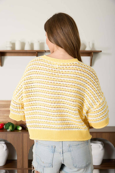 Yellow Striped Short Sleeve Crochet Knit Cardigan