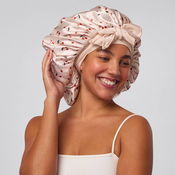 Kitsch Adjustable Oversized Satin Bonnet - Cherry Print