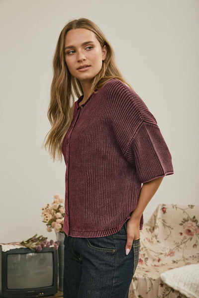 Burgundy Washed Ribbed Cardigan