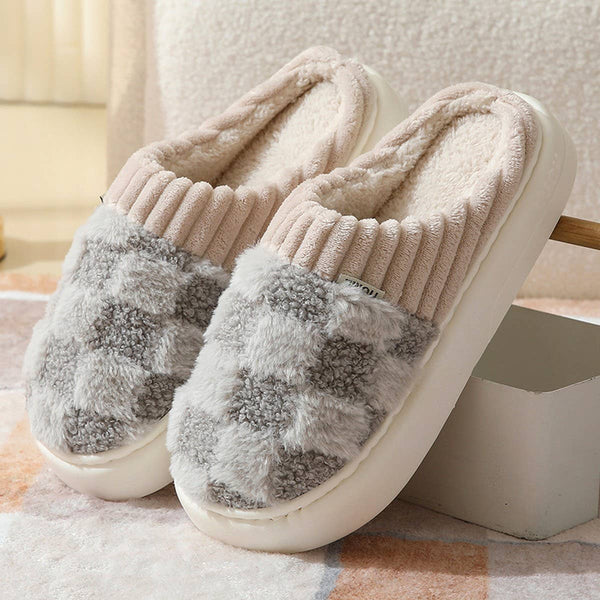Grey Checkered Fuzzy Slippers