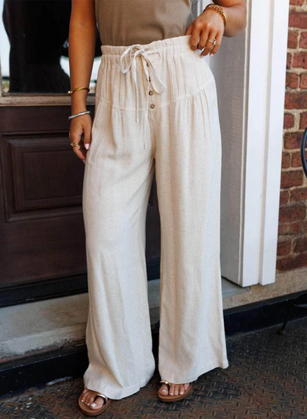 White Linen Tie Waist Button Detail Pants