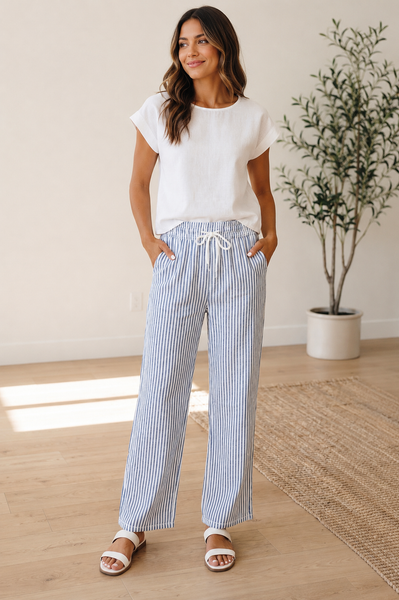 Blue Pinstripe Drawstring Pants