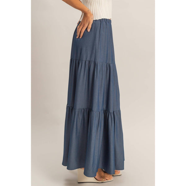 Denim Blue Tiered Maxi Skirt