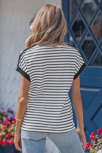 Black Stripe Cuffed Sleeve Button Detail Tee