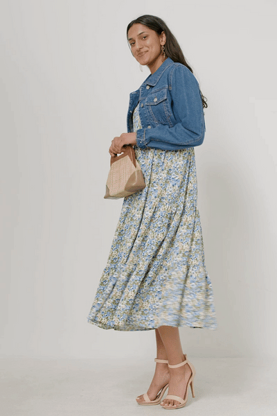 Blue Smocked Back Tiered Midi Dress