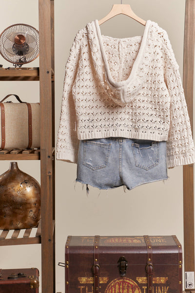 Ivory Hooded Crochet Sweater