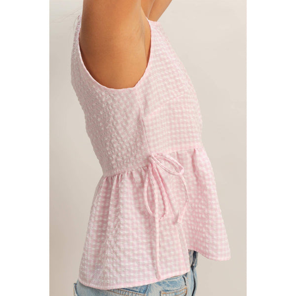 Pink Gingham Sleeveless Peplum Top