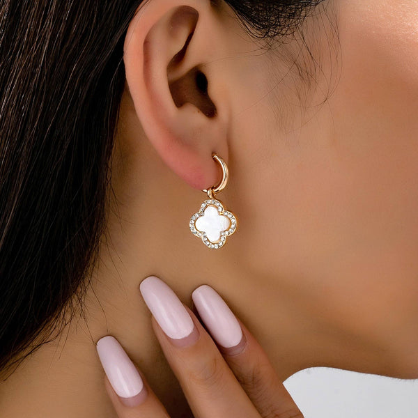 Gold Rhinestone Clover Drop Hoop Earrings