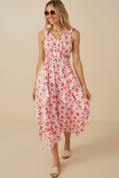 Pink Floral Ruffle Cutout Midi Dress