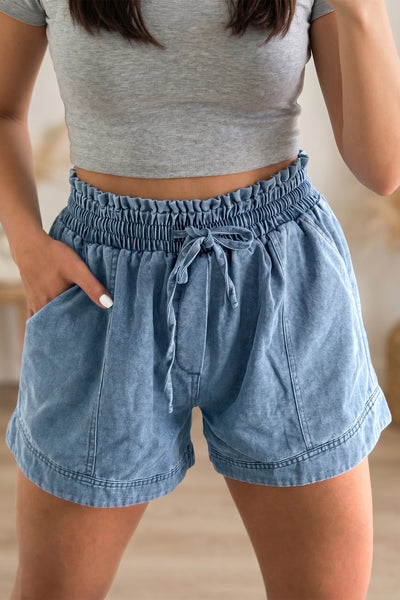 Blue Smocked Elastic Waist Denim Shorts