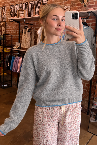Grey & Aqua Scalloped Edge Sweater