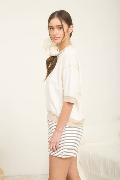Cream Contrast Trim Short Sleeve Knit Top