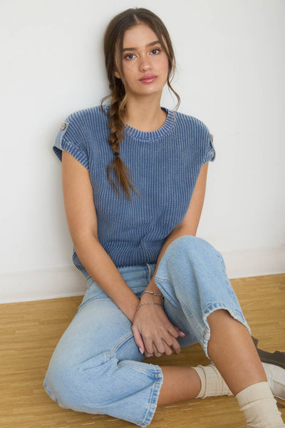Indigo Acid Wash Button Back Knit Top