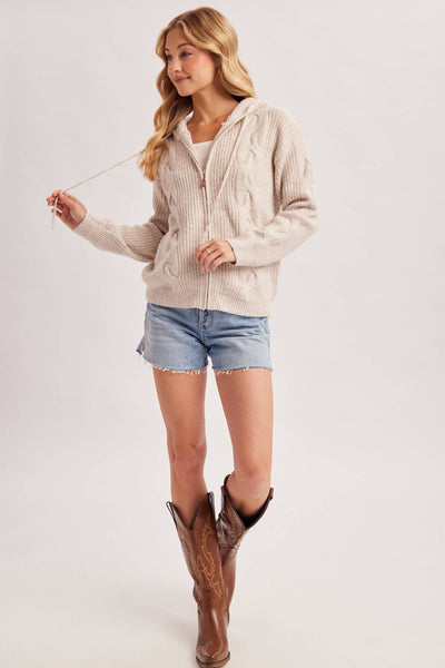 Oatmeal Zip-Up Cable Knit Sweater Cardigan With Hood