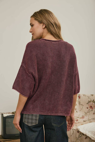 Burgundy Washed Ribbed Cardigan