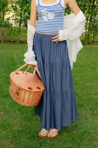 Denim Blue Tiered Maxi Skirt