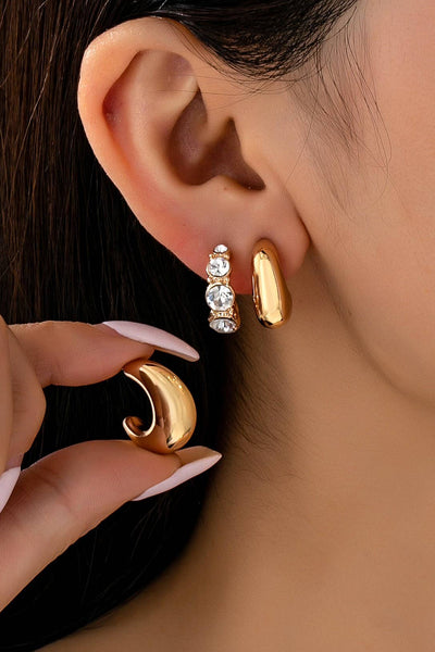 Gold Rhinestone Geo Puffy Hoop Trio