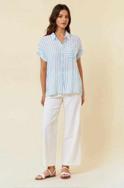 White & Dusty Blue Stripe Short Sleeve Button Top