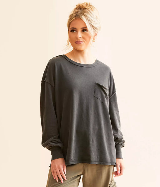 Black Oversized Washed Long Sleeve Pocket Tee