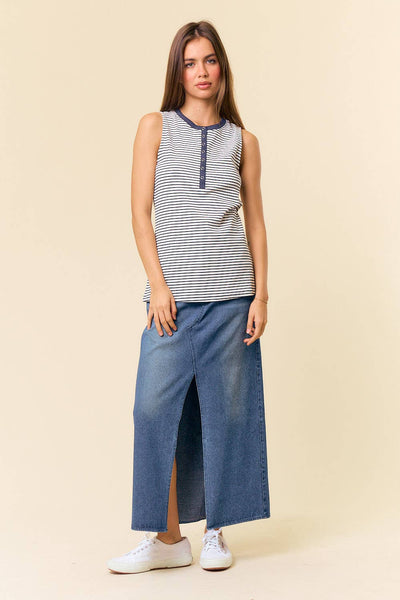 White & Navy Striped Button Tank Top