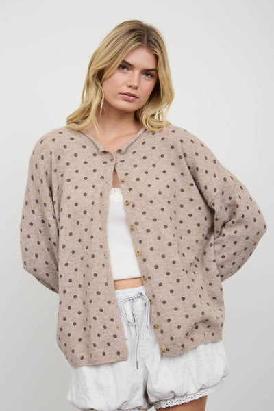 Polka Dot Button Down Raw Edge Knit Cardigan