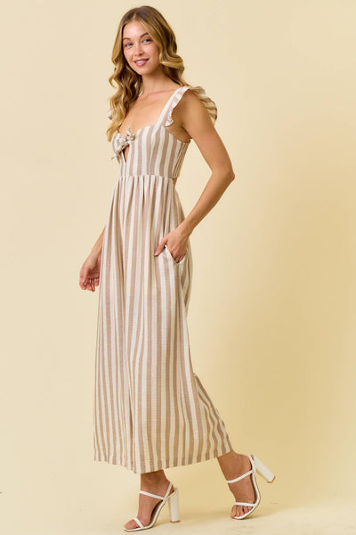 Beige Striped Cotton Gauze Wide Leg Jumper
