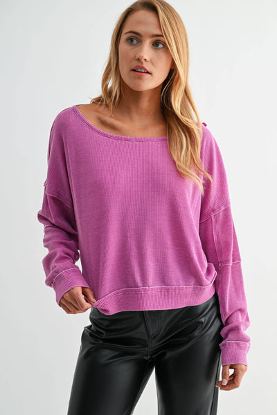 Orchid Raw Edge Waffle Knit Pullover