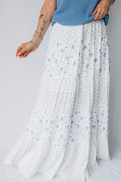 Sky Blue Floral Print Boho Maxi Skirt