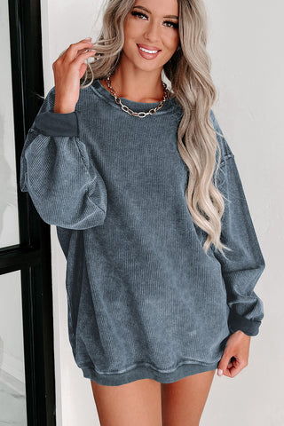 Slate Blue Ribbed Knit Pullover Sweatshirt