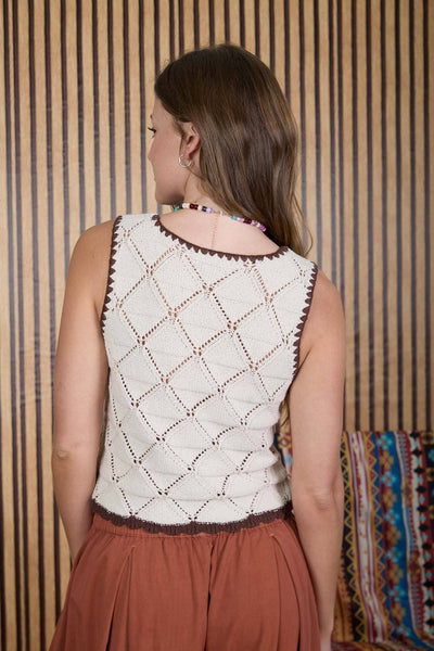 Cream Contrast Stitch Crochet Knit Vest