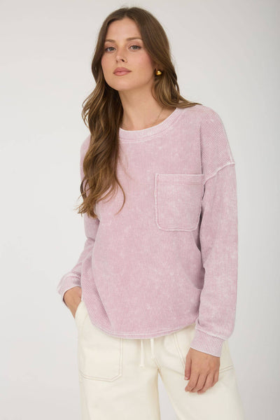 Mauve Mineral Wash Pocket Long Sleeve Knit Top