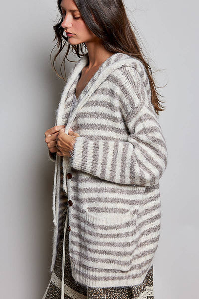 Almond Striped Hooded Ribbed Knit Cardigan