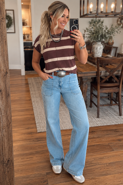 Brown Stripe Knit Short Sleeve Sweater