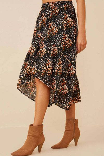 Black Floral Print Asymmetric Midi Skirt