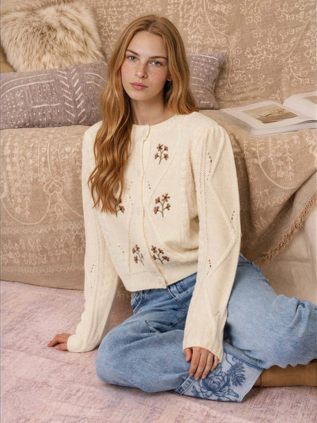 Cream Floral Embroidered Cable Knit Cardigan