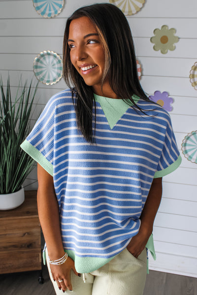 Sky Blue & Mint Striped Short Sleeve Top
