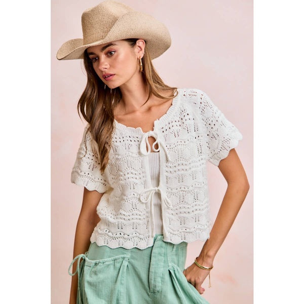 Ivory Pointelle Knit Front Bow Top