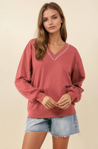 Burnt Amber French Terry V-Neck Sweatshirt
