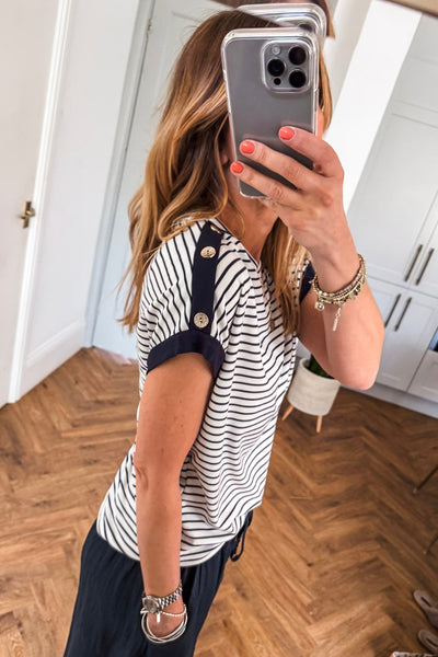 Black Stripe Cuffed Sleeve Button Detail Tee