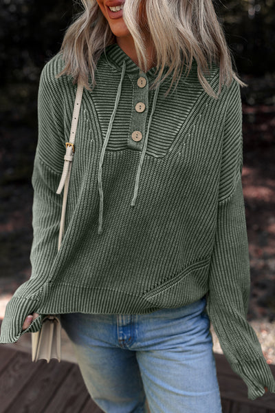 Olive Mineral Wash Ribbed Knit Hooded Sweater